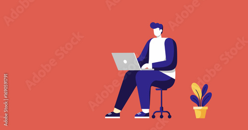 Man working remotely on laptop, representing freelance, online business, or digital education. Modern flat illustration for technology and lifestyle concepts.