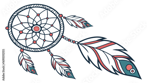 Stylized Dreamcatcher with Feathers and Beads in Teal Red and White