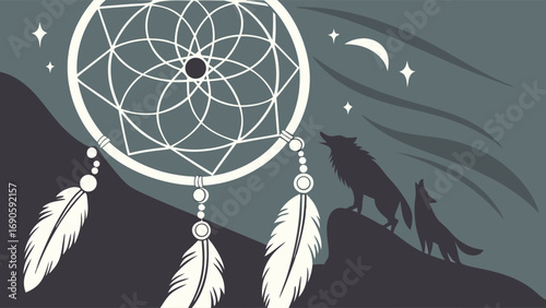 Stylized Dreamcatcher with Feathers and Howling Wolves Under Crescent Moon