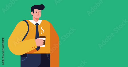 Professional man holding a steaming coffee cup, ready for work or a relaxed break. Business, lifestyle, and daily routine concept.