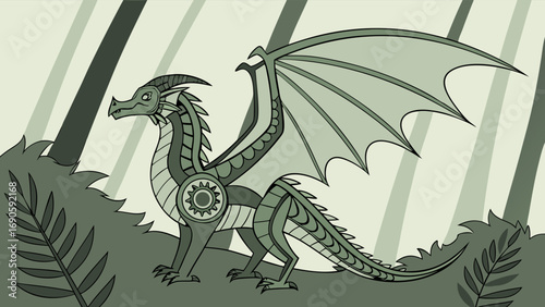 Stylized Dragon with Detailed Wings and SunLike Chest Emblem