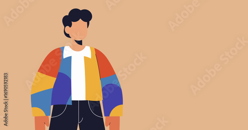 Stylish illustrated person in a vibrant, colorful jacket, standing against a clean background. Modern flat design ideal for diverse lifestyle, creative projects, or marketing.