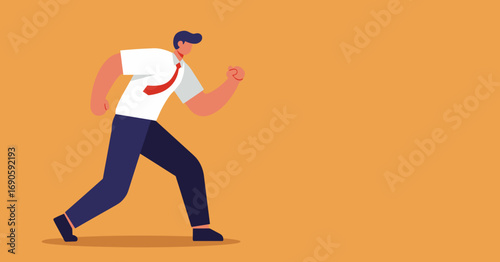 Determined businessman running forward with purpose, symbolizing ambition, progress, and a fast-paced work environment. Ideal for business, success, or urgency concepts.