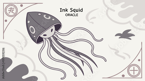 Stylized Ink Squid Oracle Monochromatic Aquatic Creature Illustration
