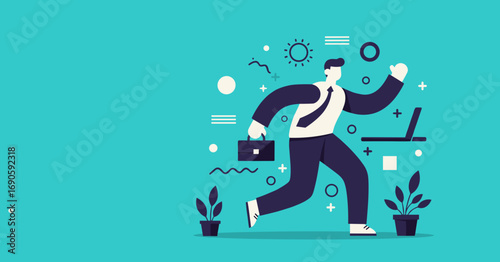 Dynamic businessman running with a briefcase and laptop, symbolizing speed, efficiency, and progress in modern business. Perfect for career growth, deadlines, and success.