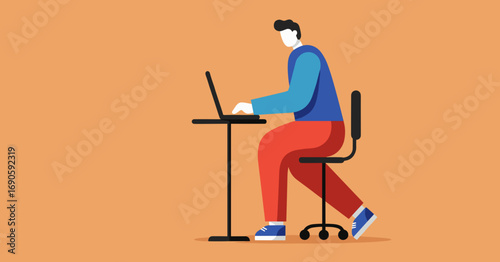 Modern flat illustration depicts a man working on a laptop at a desk, symbolizing remote work, freelancing, and digital productivity.