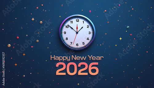 New Year 2026 Countdown Clock Background Midnight Celebration with Confetti and Stars Festive Holiday Design for Seasonal Greetings