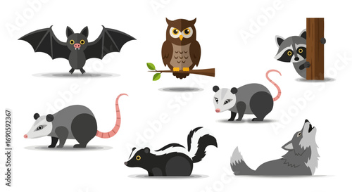 Cute Cartoon Nocturnal Animals Collection.