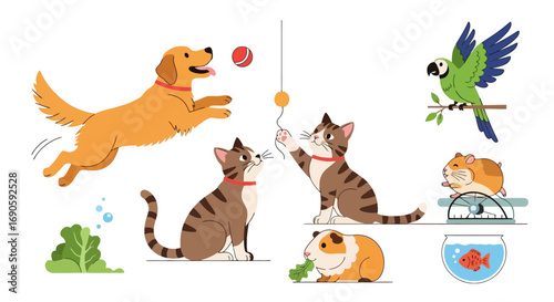 Various pets playing and interacting in a colorful illustration.