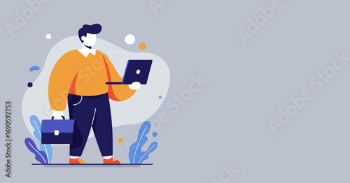 Illustrated man with laptop and briefcase, representing remote work, online business, freelancing, or professional digital productivity. Modern concept.