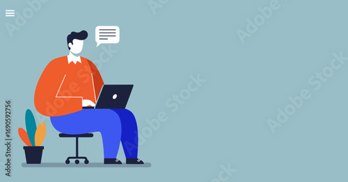 Illustration of a person working on a laptop, with a speech bubble indicating communication or ideas. Ideal for business, technology, or remote work concepts.
