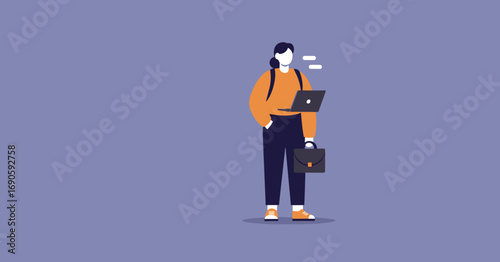 Modern professional with laptop, briefcase, and backpack, embodying concepts of remote work, mobile business, and digital lifestyle.