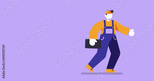 Professional service worker in uniform walking with a toolkit, representing reliable delivery, repair, and trade services. Ideal for business concepts.