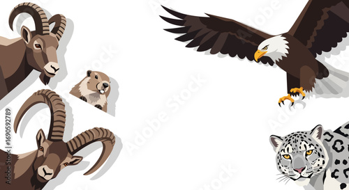 Majestic Mountain Wildlife Collection Featuring Eagle Ram Marmot Snow Leopard.