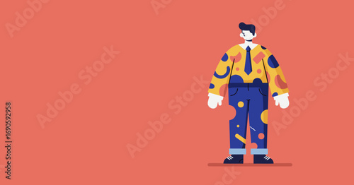 Stylized illustration of a confident man in a vibrant, patterned shirt and tie, symbolizing individuality and creative business. Ideal for modern corporate or lifestyle concepts.