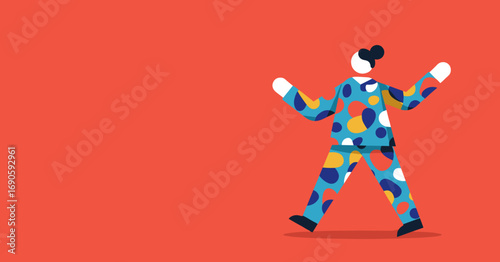 Abstract figure in vibrant, patterned clothing expressing joy and individuality through dynamic movement. Ideal for concepts of creativity, modern lifestyle, or unique design.