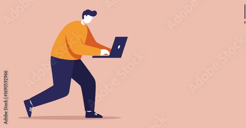 Minimalist illustration of a person working on a laptop while moving, symbolizing productivity, connectivity, and remote work.