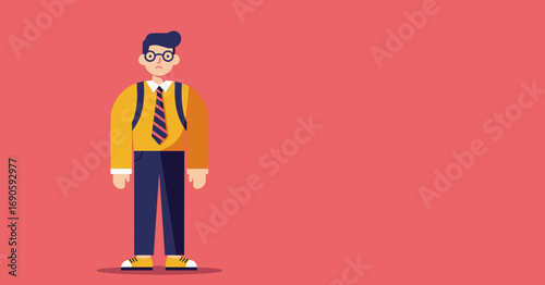 Young man in glasses, shirt, tie, and backpack, with a thoughtful or slightly concerned expression. Flat design illustration perfect for education, business, or everyday challenges.
