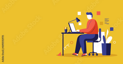 A focused individual works on a laptop at a desk, illustrating remote work, online learning, and productivity. Ideal for business and technology themes.