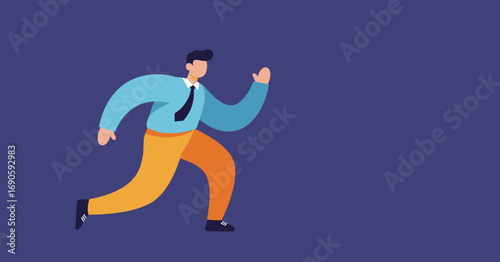 Energetic businessman illustration running forward on a simple background, symbolizing progress, ambition, and a fast-paced work environment. Ideal for corporate themes.