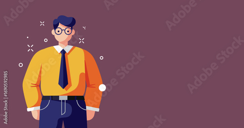 Flat design illustration of a smart, young professional man in glasses, tie, and casual attire. Ideal for business, education, or technology concepts.