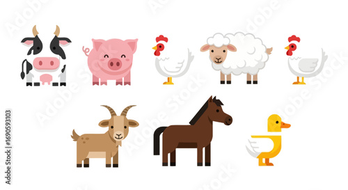 Farm Animals Cartoon Vector Illustration - Cow, Pig, Chicken, Sheep, Goat, Horse, Duck.