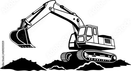 Monochromatic Excavator Digging Dirt - Black and White Vector Illustration