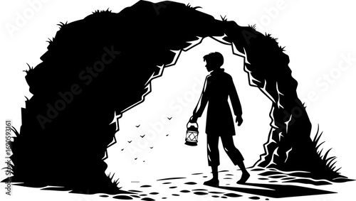 Person with a Lantern Entering a Dark Cave - Black and White Vector Illustration