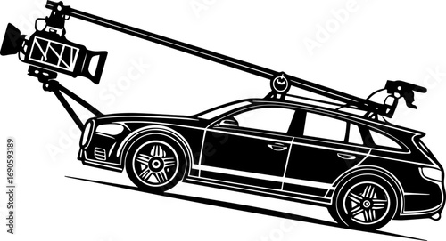 Film Camera Car with a Crane - Black and White Vector Illustration