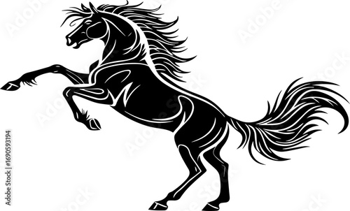 Rearing Horse with Flowing Mane - Black and White Vector Illustration