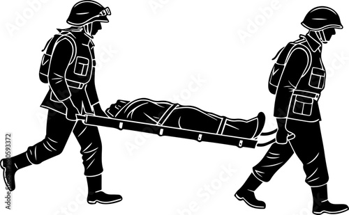 First Responders Carrying a Patient on a Stretcher - Black and White Vector Illustration