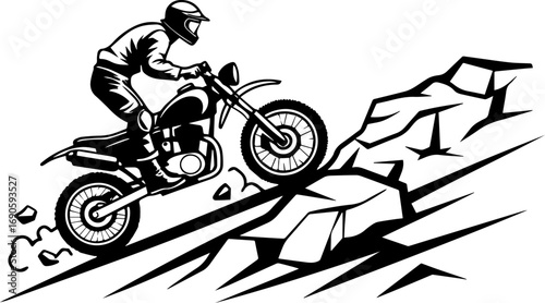 Dirt Bike Rider Climbing a Rocky Hill - Off-Road Adventure Vector Illustration