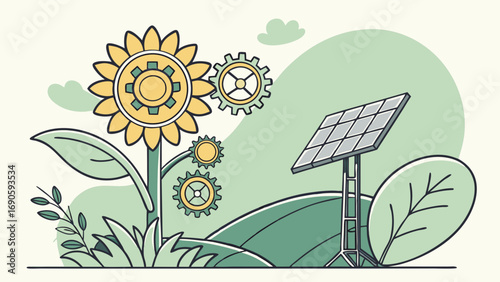 Sustainable Energy Illustration with Sunflowers and Gears