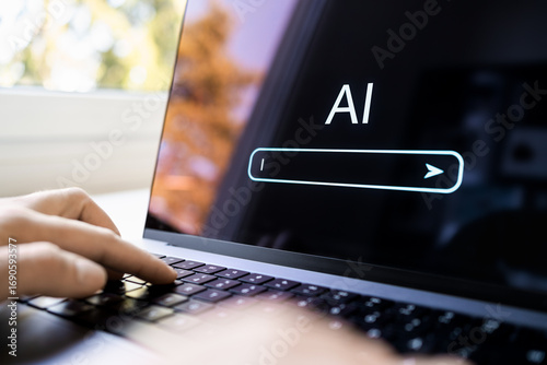 AI generate content with prompt in laptop. Text or image generator at work using computer. Search with artificial intelligence. Create virtual digital photo with technology.