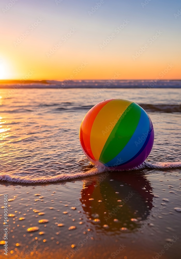 Obraz premium Colorful beach ball sits on the shoreline at sunset, reflecting the vibrant hues of the sky.