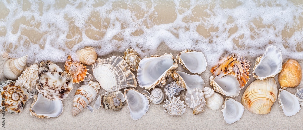 Obraz premium Colorful Seashells on Sand - Ocean Element Display / Coastal Decoration Material / Natural Biological Specimen