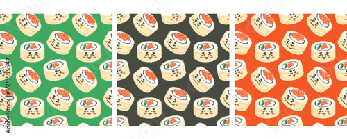 Kawaii sushi seamless patterns set. Comic  smiling rolls. Cute Japanese nigiri sushi rolls with different emotions. Traditional Asian food. Vector flat illustration for menu, textile, wallpaper