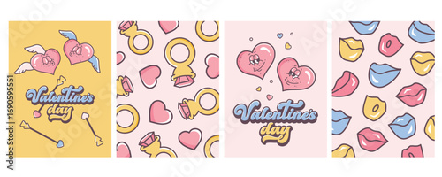 Happy Valentine's Day. Set of Valentine backgrounds. Cute Comic hearts, Kissing lips, rings with diamond, cupid arrow. Retro valentine cards in 60s 70s cartoon style. Vector