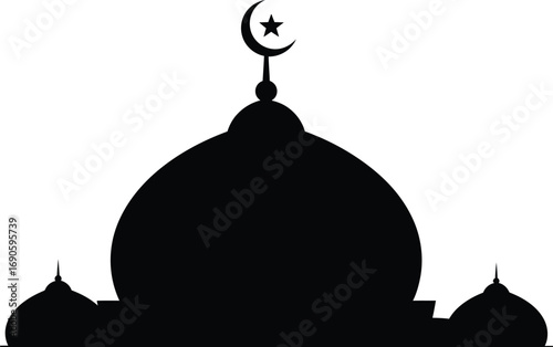 Silhouette Mosque with Crescent Moon and Star for Ramadan, Eid