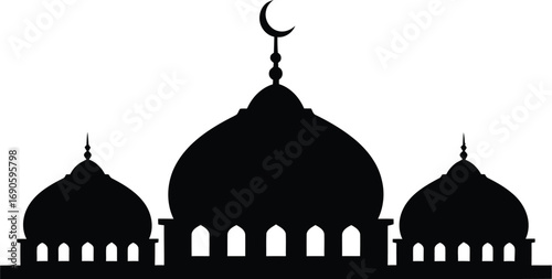 Black mosque silhouette with crescent moon for Islamic holiday use