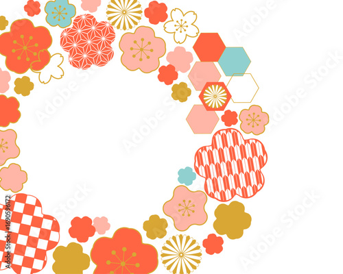 和柄のお花のリース左寄り　年賀状素材
Japanese pattern flower wreath (left) New Year's card material
　
