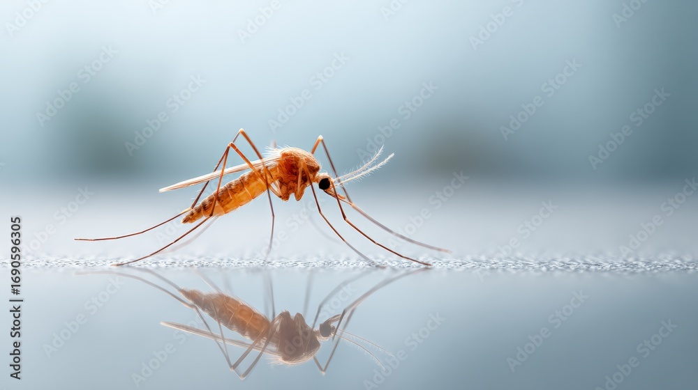 Fototapeta premium Mosquito standing on a reflective surface, creating a perfect mirror image, highlighting its delicate features and potential as a disease