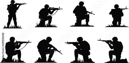 Eight kneeling soldier silhouettes aiming rifles, tactical military formation, black and white vector, combat ready troops, armed forces illustration, defense