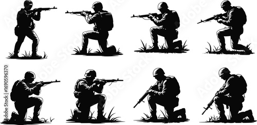 Eight kneeling soldier silhouettes aiming rifles, tactical military formation, black and white vector, combat ready troops, armed forces illustration, defense