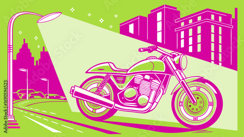Illustration of a motorcycle parked on a city street under a street light with buildings in the background