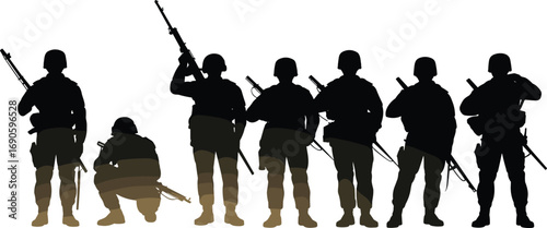 Group of armed soldiers in silhouette, standing and crouching, military unity, army team, defense force, black and white illustration