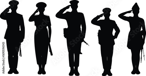 Military soldiers saluting silhouette, honor and respect, army tribute, male and female service members, black uniformed figures, ceremonial posture, defense
