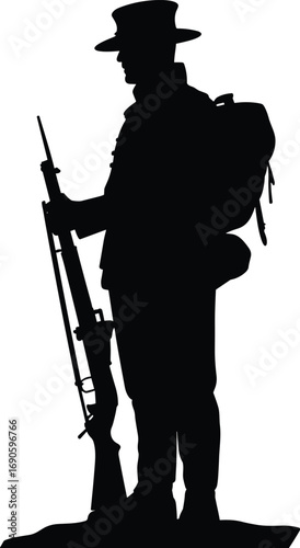 World War I soldier silhouette, vintage military figure, rifle in hand, battlefield stance, historical tribute, remembrance, army veteran, war hero