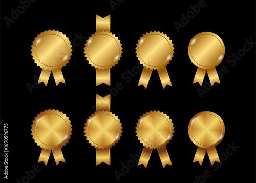 Gold medals with ribbons vector set. Realistic round medals for awarding the winner.