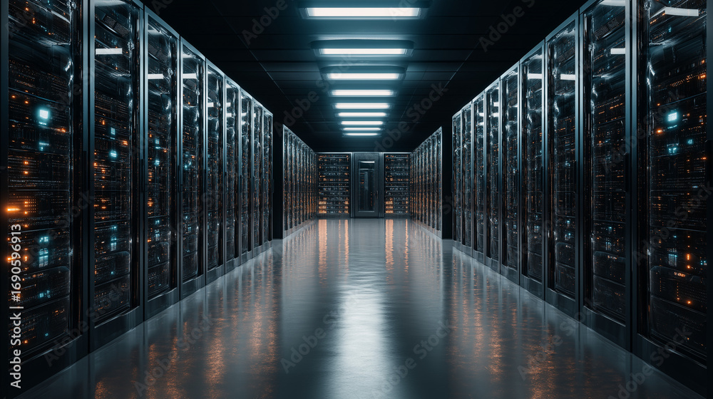 Obraz premium Server racks in a data center stand neatly in rows, symbolizing technology, organization, connectivity, and the backbone of modern digital infrastructure.